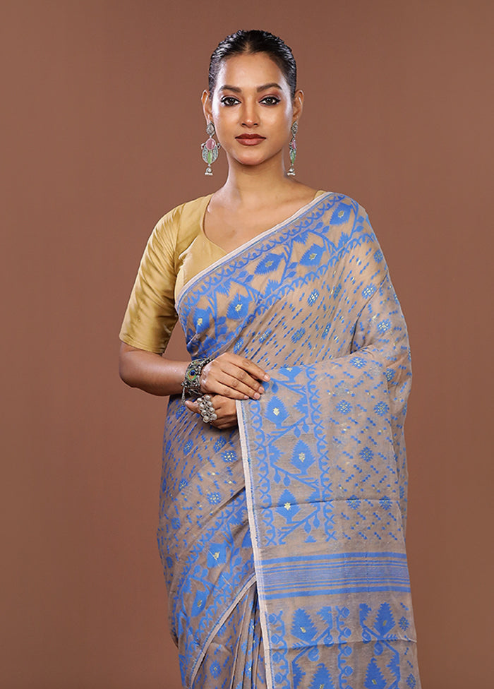 Cream Jamdani Cotton Saree Without Blouse Piece