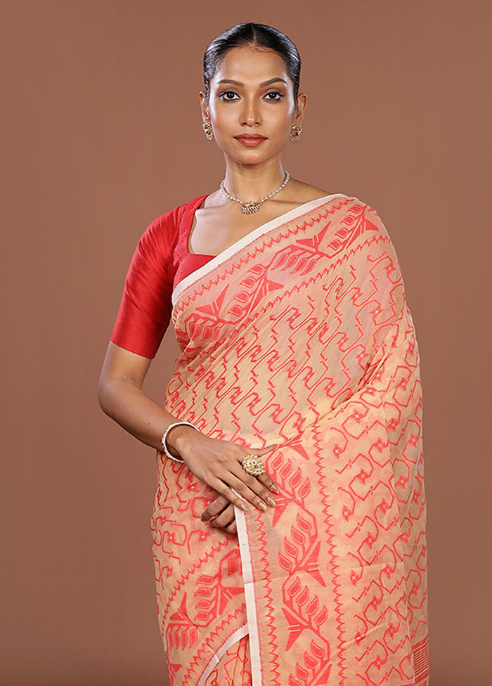 Cream Jamdani Cotton Saree Without Blouse Piece