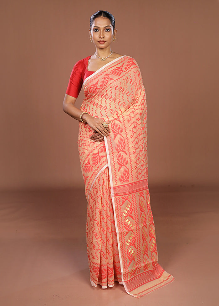 Cream Jamdani Cotton Saree Without Blouse Piece