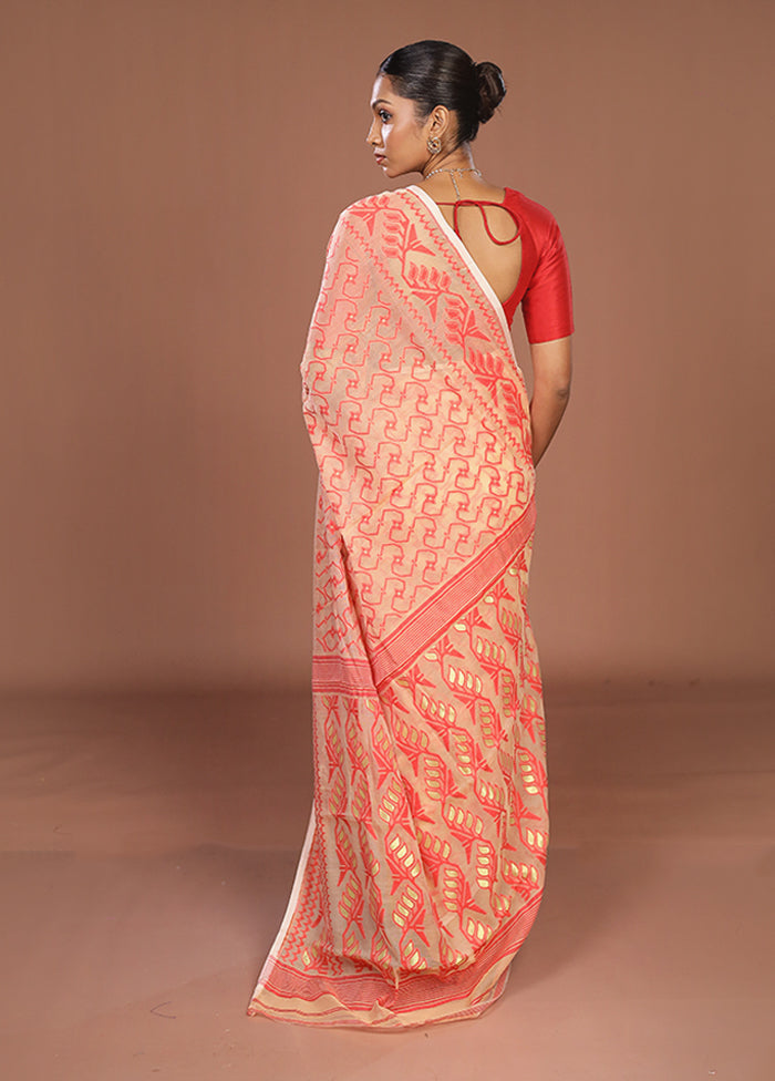 Cream Jamdani Cotton Saree Without Blouse Piece