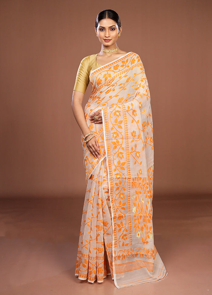 White Jamdani Cotton Saree Without Blouse Piece