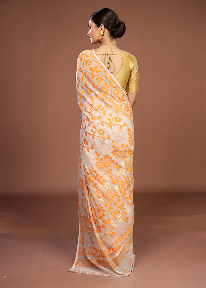White Jamdani Cotton Saree Without Blouse Piece