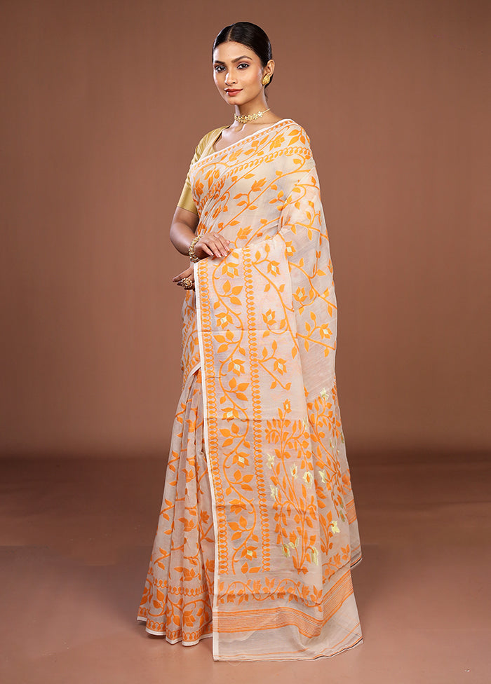 White Jamdani Cotton Saree Without Blouse Piece