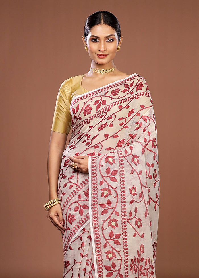 White Jamdani Cotton Saree Without Blouse Piece