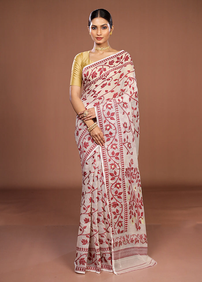 White Jamdani Cotton Saree Without Blouse Piece