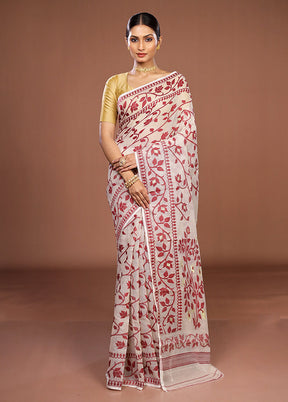 White Jamdani Cotton Saree Without Blouse Piece