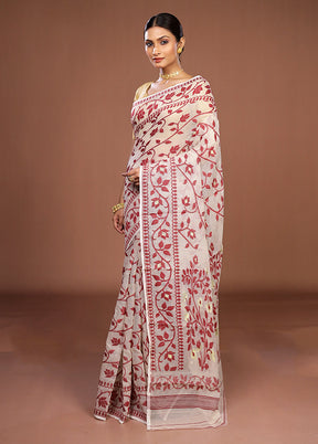 White Jamdani Cotton Saree Without Blouse Piece