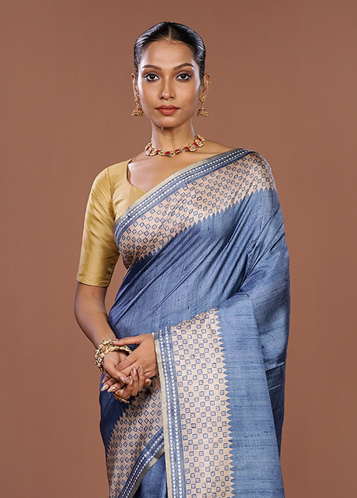 Blue Tussar Silk Saree With Blouse Piece