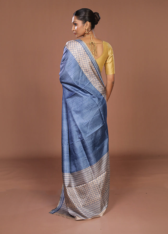 Blue Tussar Silk Saree With Blouse Piece