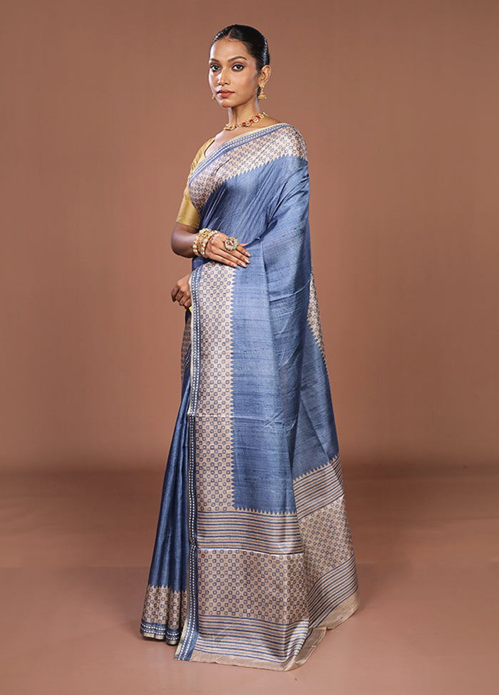 Blue Tussar Silk Saree With Blouse Piece