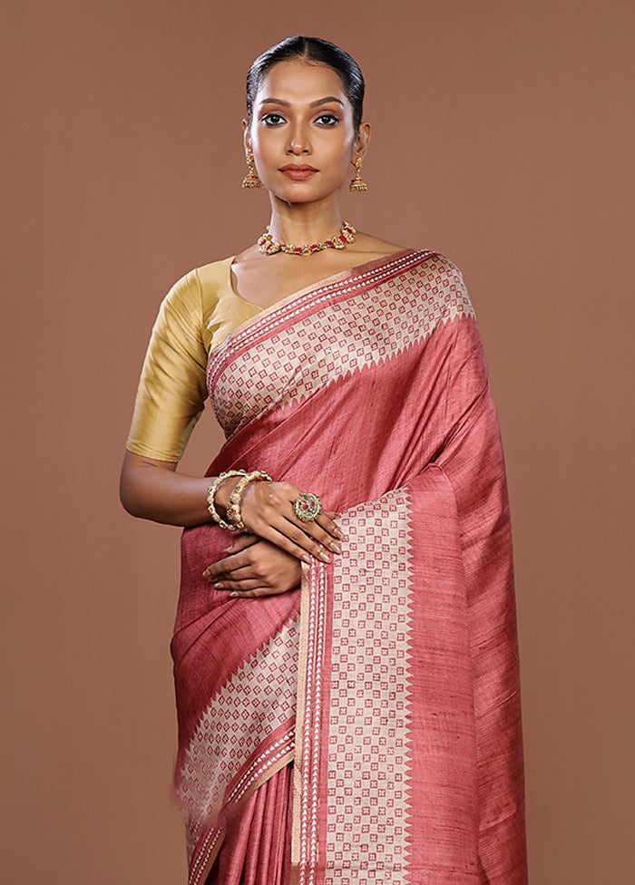Pink Tussar Silk Saree With Blouse Piece