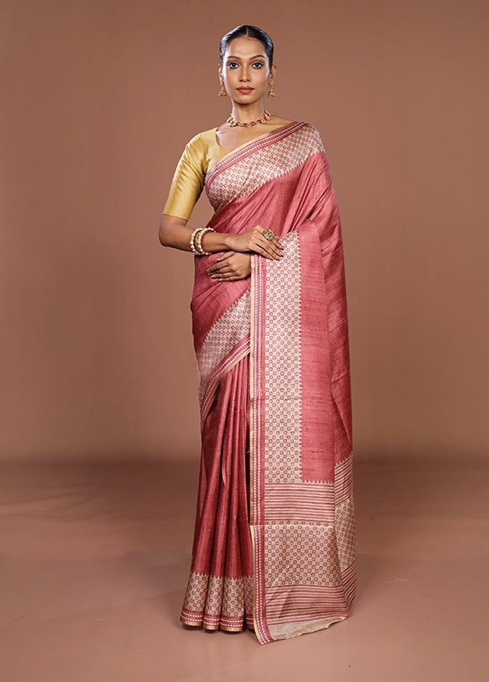 Pink Tussar Silk Saree With Blouse Piece