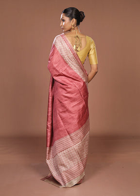 Pink Tussar Silk Saree With Blouse Piece