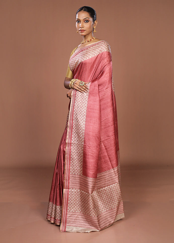 Pink Tussar Silk Saree With Blouse Piece