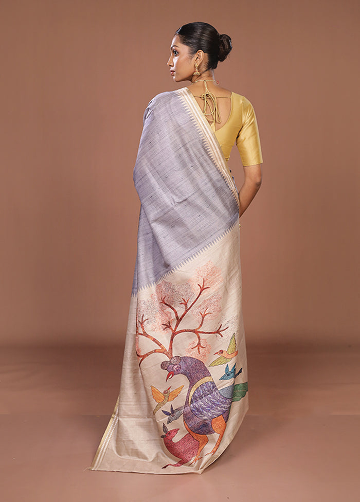 Grey Tussar Silk Saree With Blouse Piece