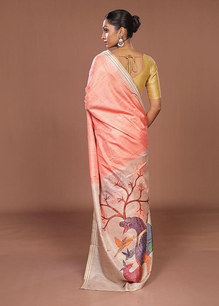 Peach Tussar Silk Saree With Blouse Piece