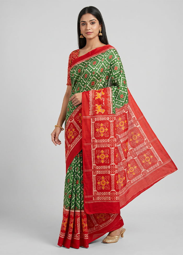 Green Handloom Bomkai Pure Silk Saree With Blouse Piece