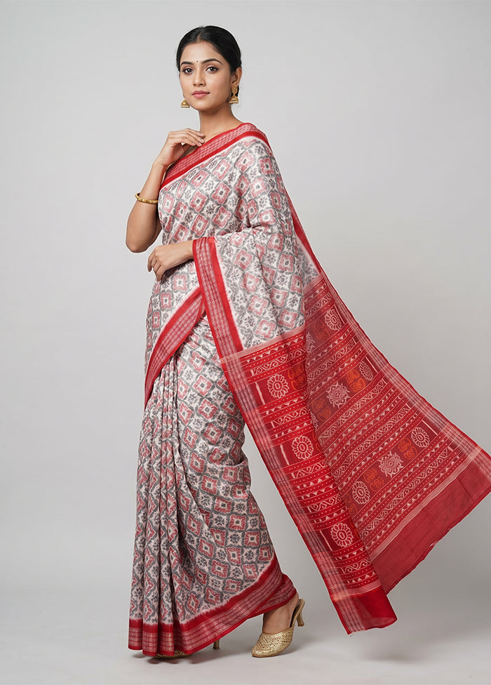 White Handloom Bomkai Pure Silk Saree With Blouse Piece