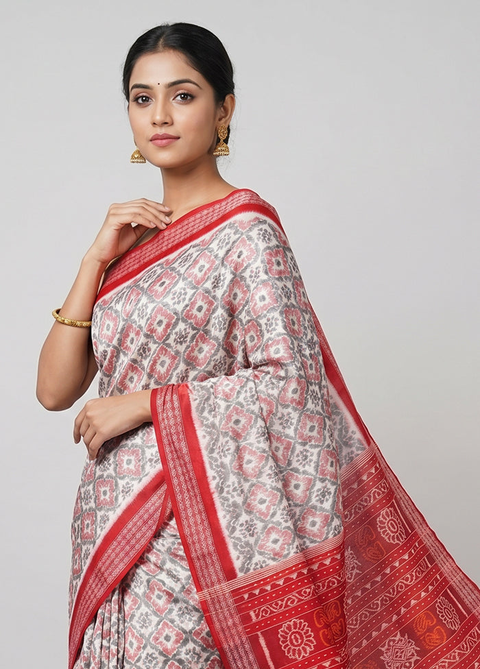 White Handloom Bomkai Pure Silk Saree With Blouse Piece
