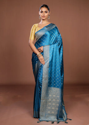 Blue Dupion Silk Saree With Blouse Piece