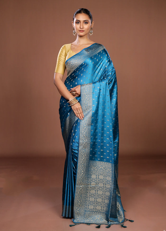 Blue Dupion Silk Saree With Blouse Piece