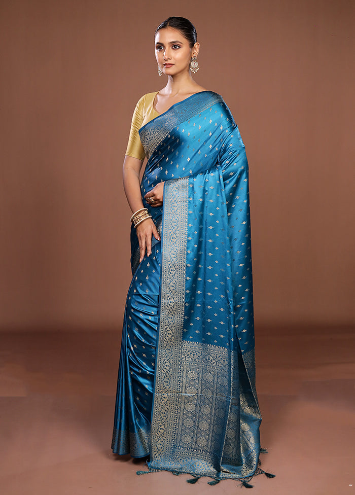 Blue Dupion Silk Saree With Blouse Piece
