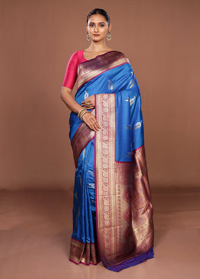 Blue Dupion Silk Saree With Blouse Piece