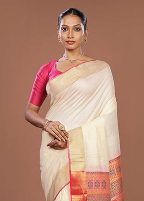 Cream Dupion Silk Saree With Blouse Piece
