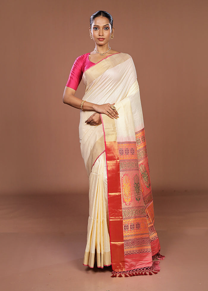 Cream Dupion Silk Saree With Blouse Piece