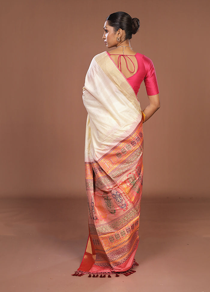 Cream Dupion Silk Saree With Blouse Piece