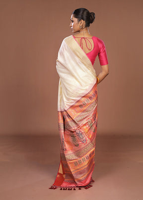 Cream Dupion Silk Saree With Blouse Piece