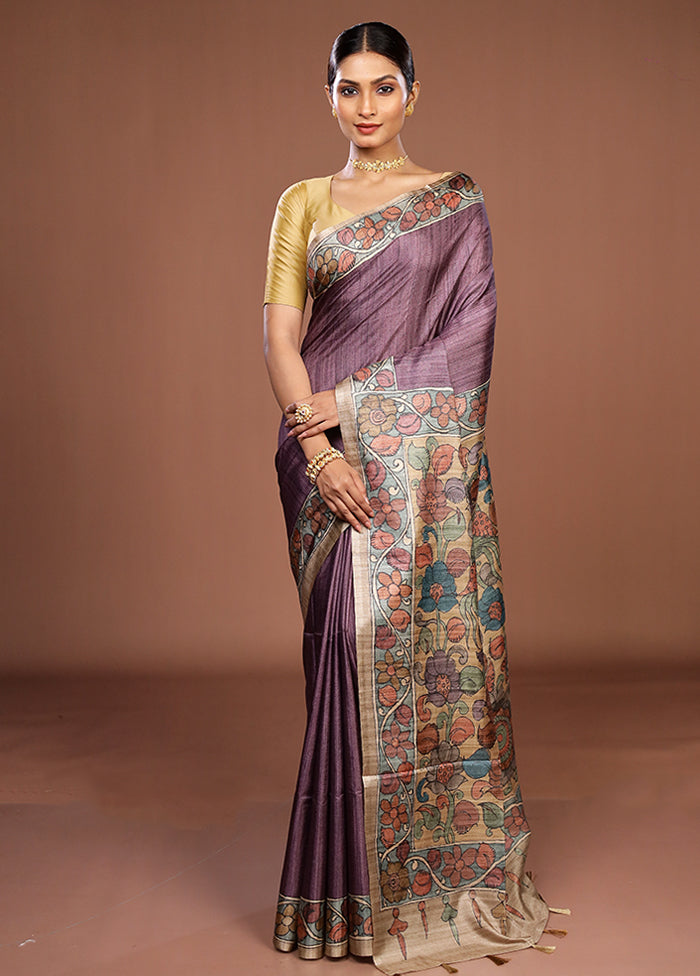 Purple Tussar Silk Saree With Blouse Piece