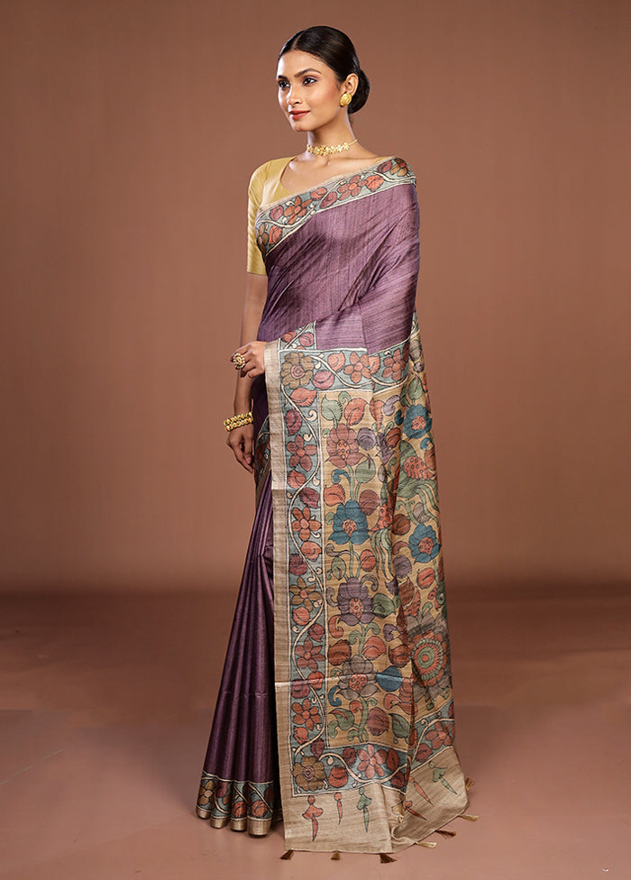 Purple Tussar Silk Saree With Blouse Piece
