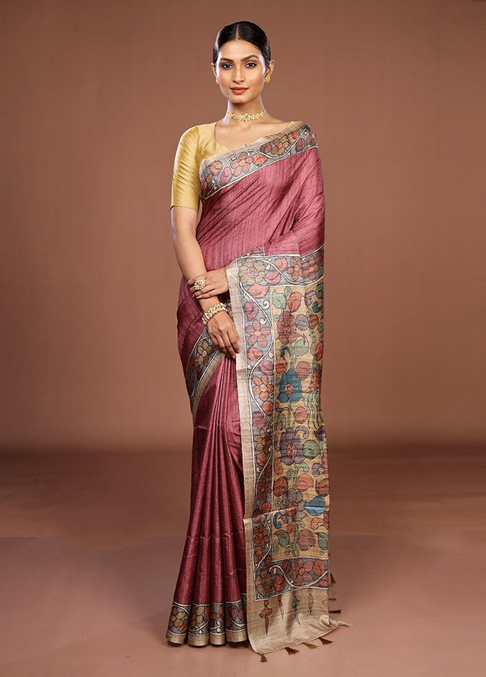 Pink Tussar Silk Saree With Blouse Piece