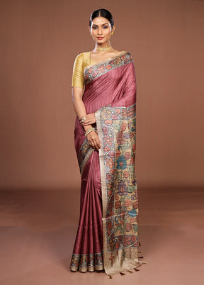 Pink Tussar Silk Saree With Blouse Piece