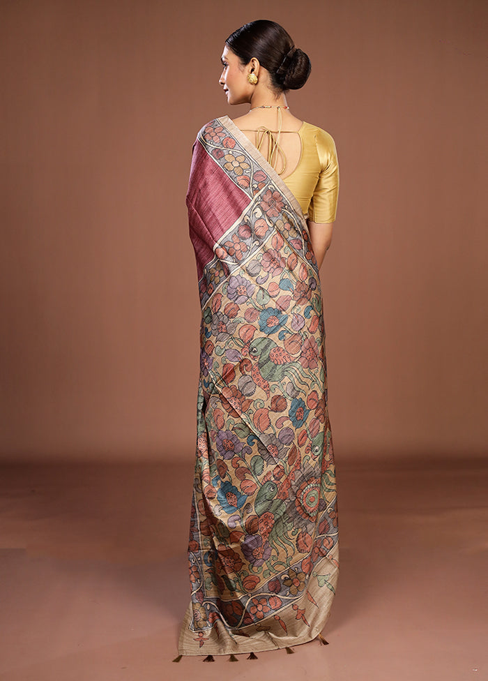 Pink Tussar Silk Saree With Blouse Piece