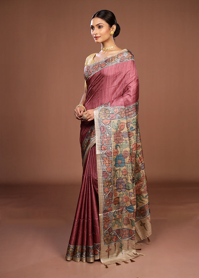 Pink Tussar Silk Saree With Blouse Piece