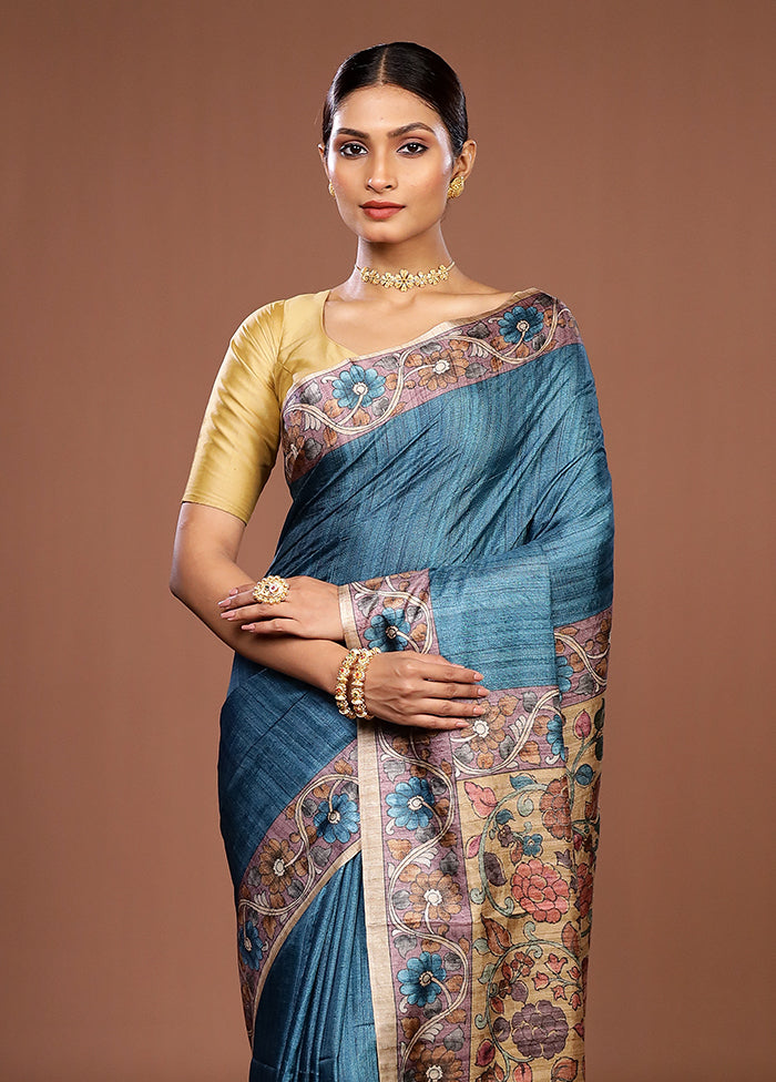Blue Tussar Silk Saree With Blouse Piece