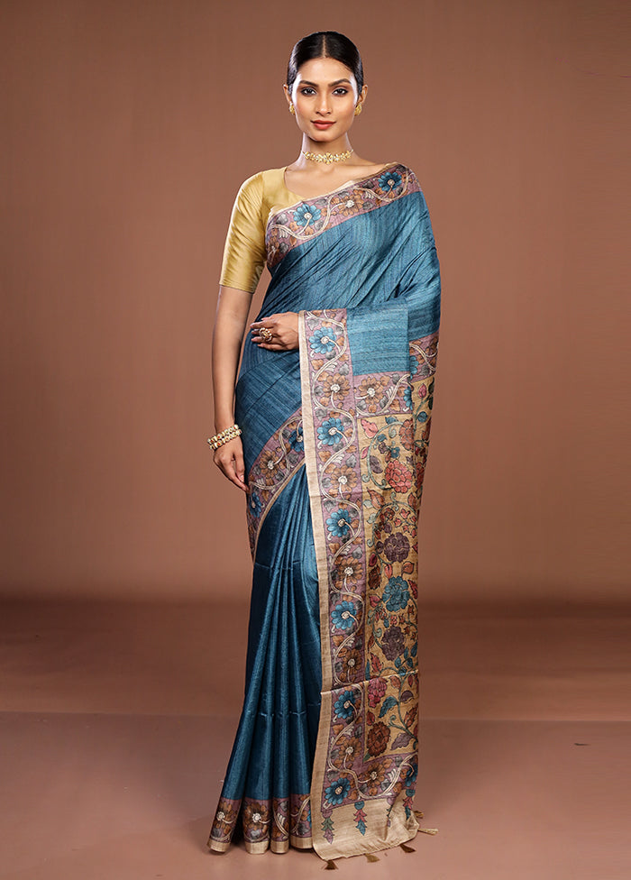 Blue Tussar Silk Saree With Blouse Piece