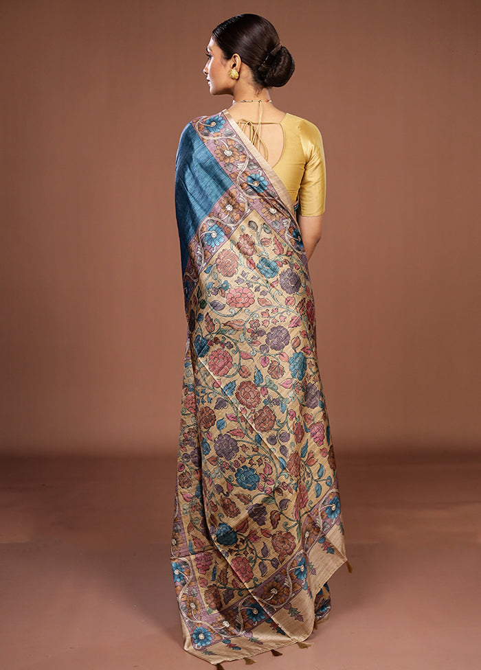 Blue Tussar Silk Saree With Blouse Piece