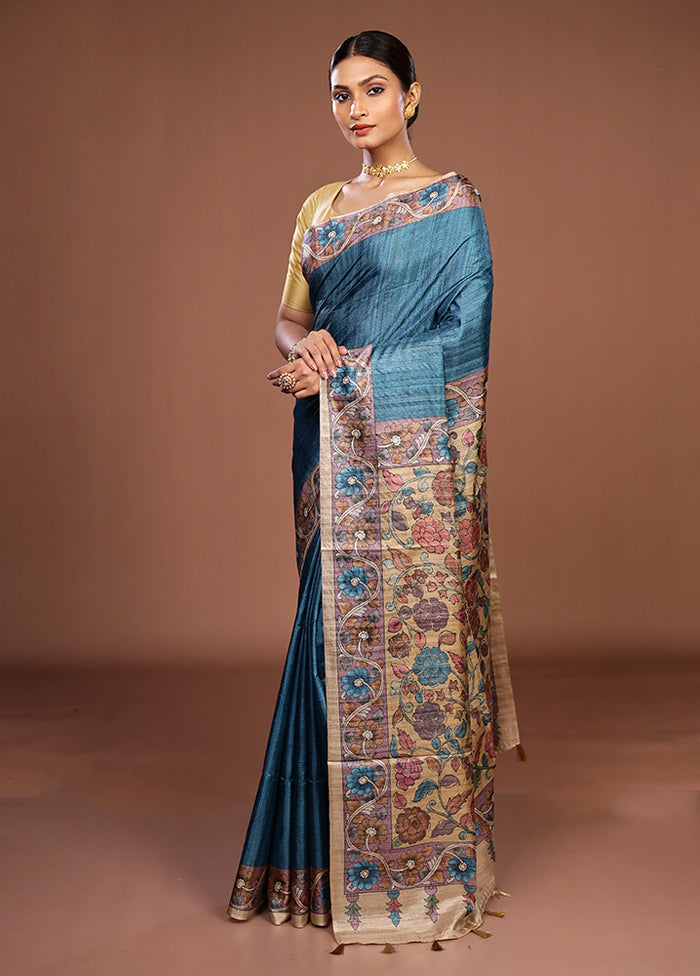 Blue Tussar Silk Saree With Blouse Piece