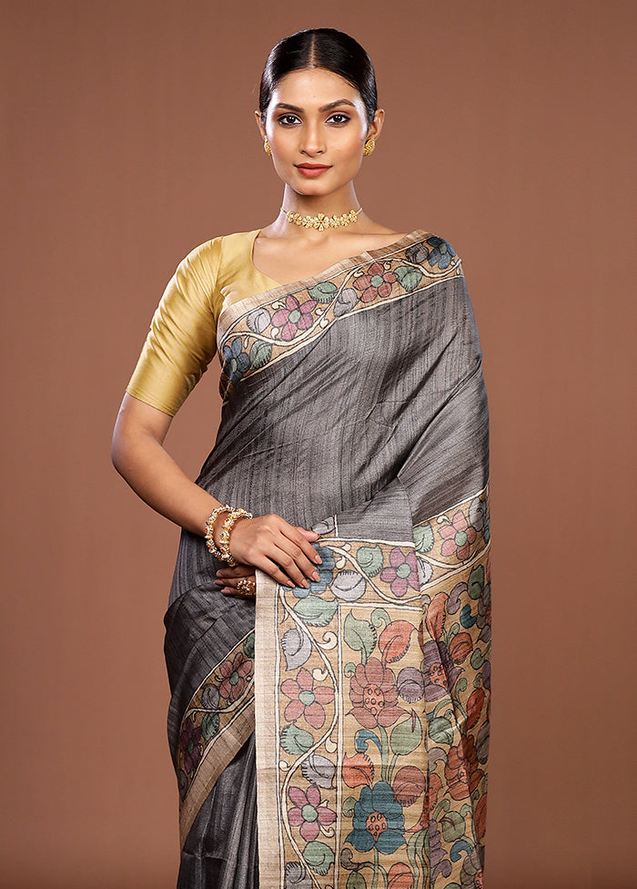 Grey Tussar Silk Saree With Blouse Piece