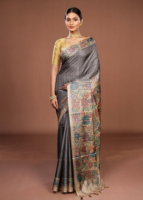 Grey Tussar Silk Saree With Blouse Piece