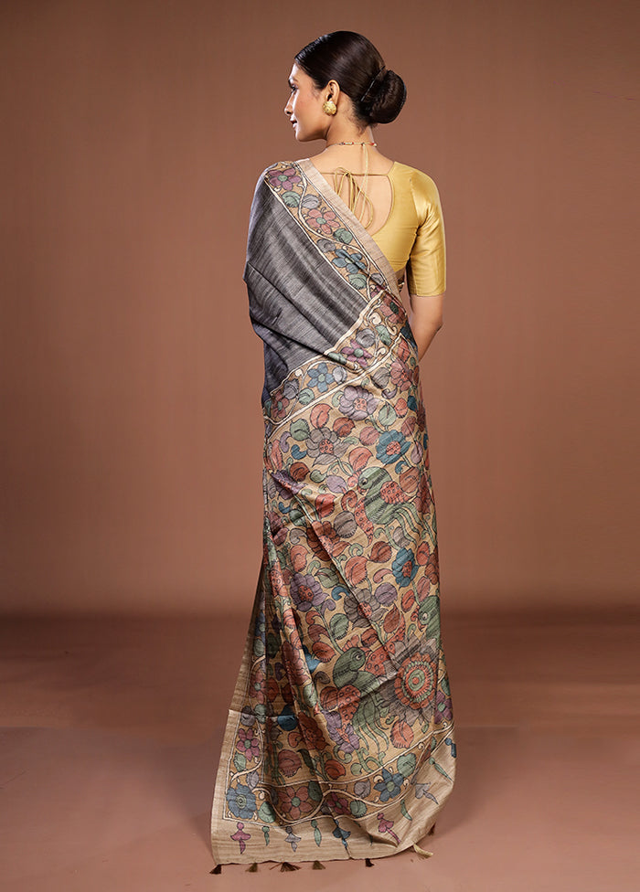 Grey Tussar Silk Saree With Blouse Piece
