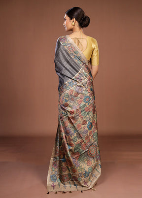 Grey Tussar Silk Saree With Blouse Piece