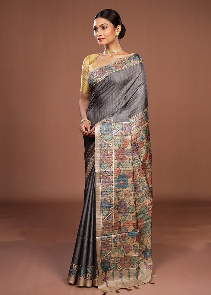 Grey Tussar Silk Saree With Blouse Piece