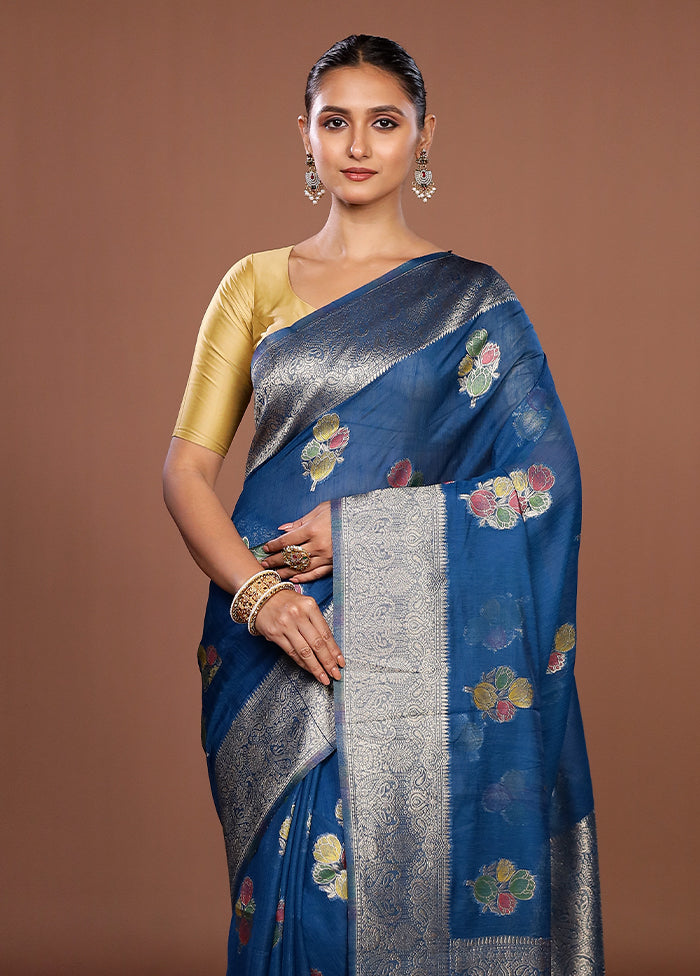 Blue Dupion Silk Saree With Blouse Piece