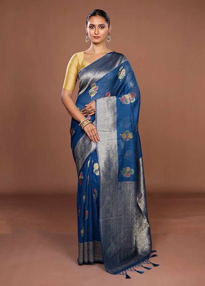 Blue Dupion Silk Saree With Blouse Piece