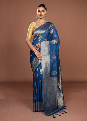 Blue Dupion Silk Saree With Blouse Piece