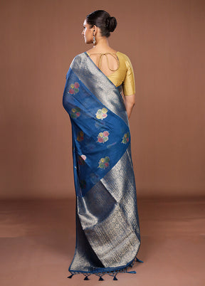 Blue Dupion Silk Saree With Blouse Piece